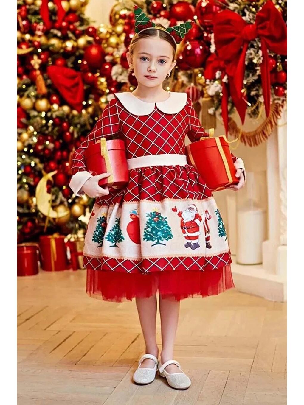 Kız Çocuk Ekose Detaylı Baskılı Bebe Yaka Kırmızı Elbise