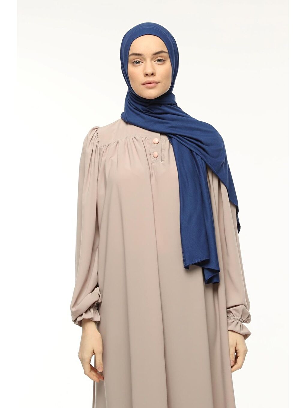 Mavi Hazır Pratik Geçmeli Lüks Organik Düz Penye Şal Çapraz Hizalı-3
