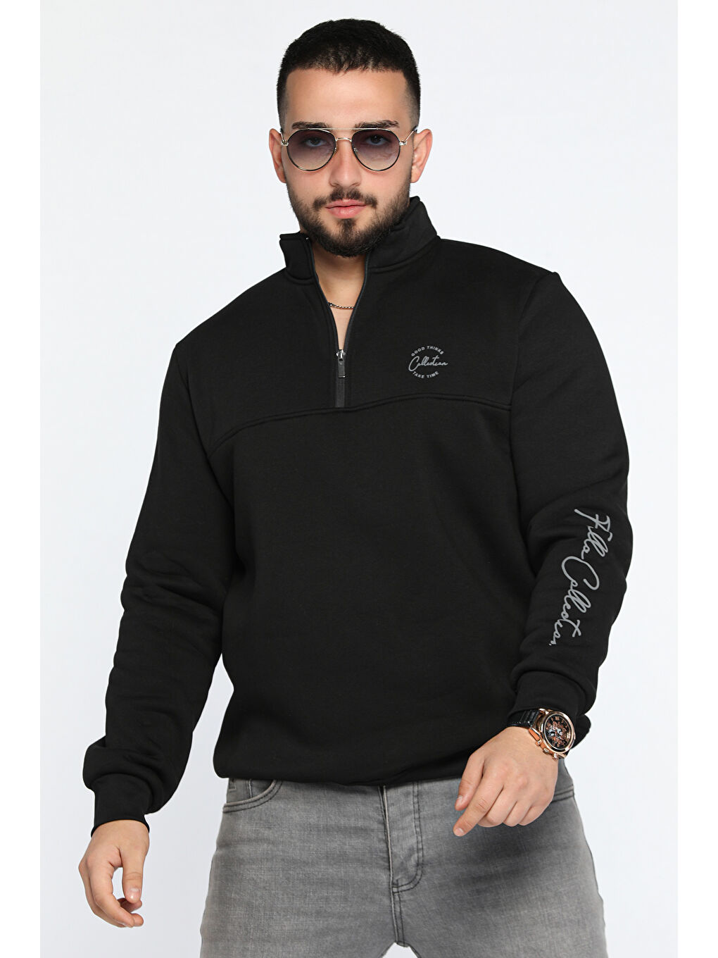 Mishar İtalia Siyah Dik Yaka Yarım Fermuarlı Üç İplik Şardonlu Erkek Sweatshirt