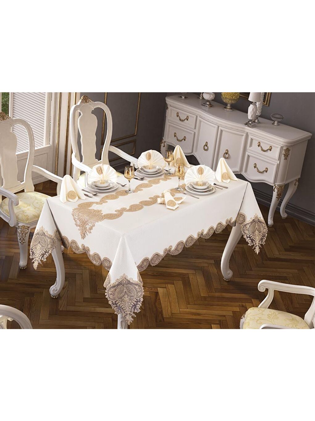 Karışık Verna Masa Örtüsü 160x260 Cm 26 Parça Krem Gold