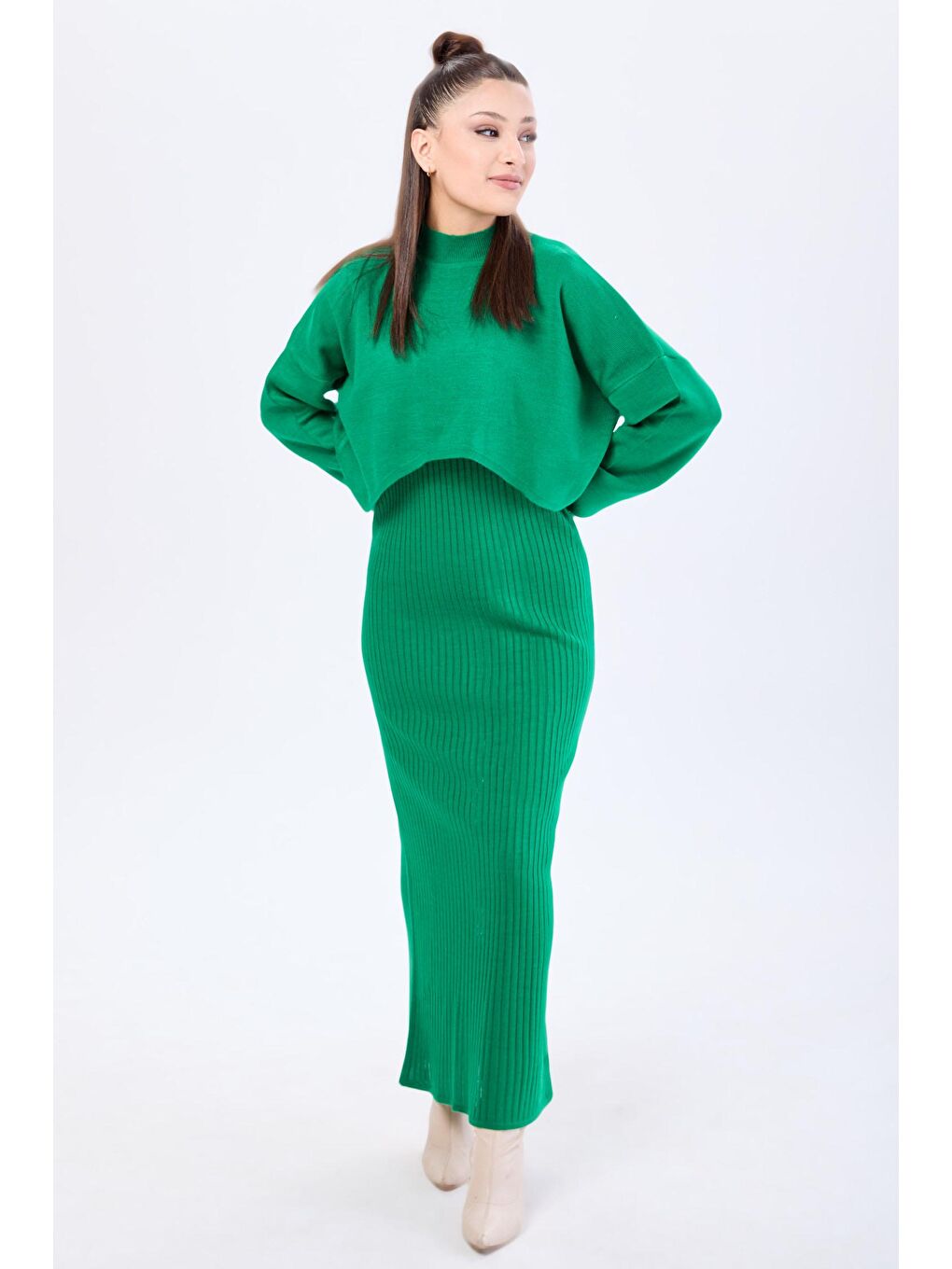 Yarım Balıkçı Yaka Kadın Yeşil Crop+Elbise Takım - 24106