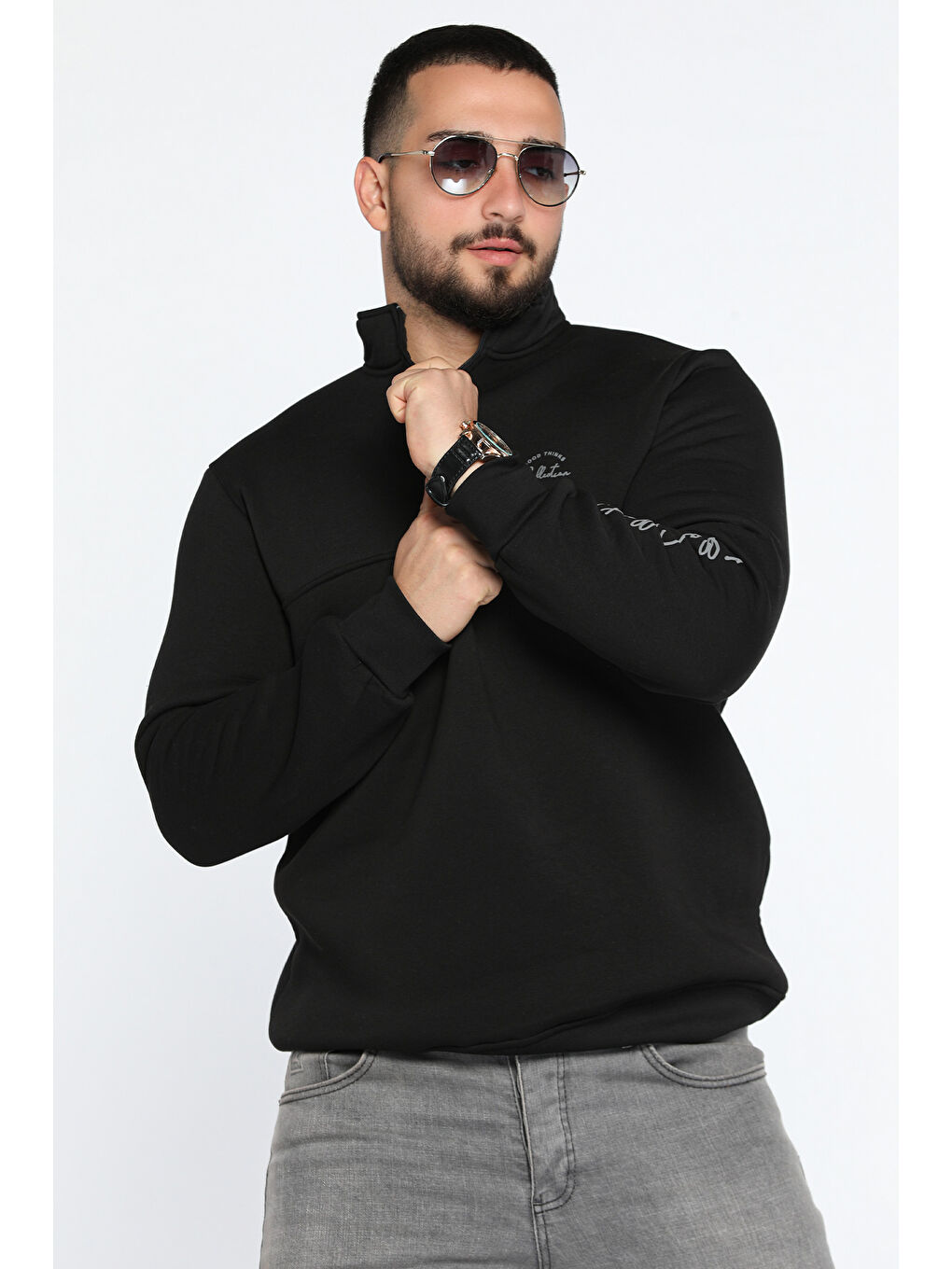 Mishar İtalia Siyah Dik Yaka Yarım Fermuarlı Üç İplik Şardonlu Erkek Sweatshirt - 1