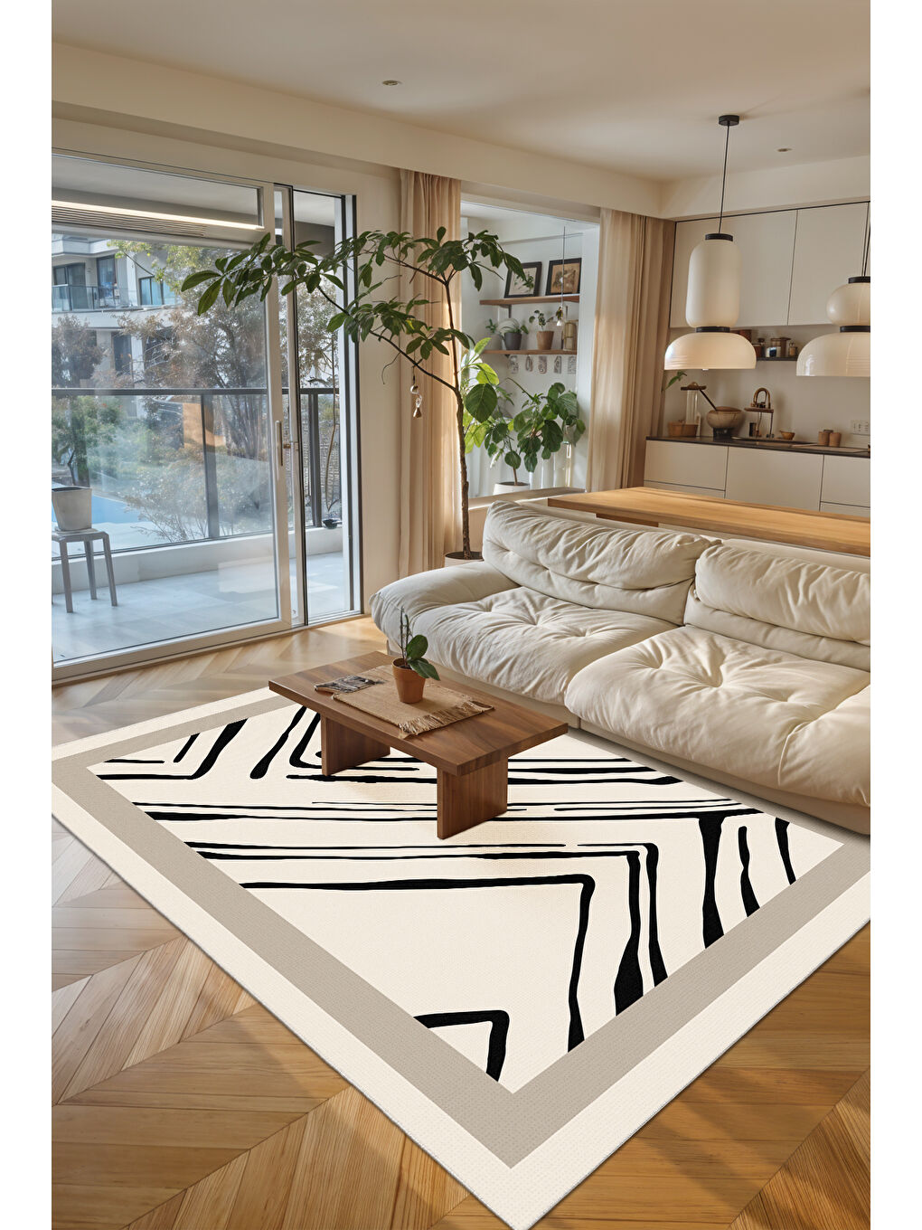 Ekru Modern Dekoratif Yıkanabilir Kaymaz Taban Halı – İnce, Yumuşak Salon Halısı, Mutfak Halısı ve Yolluk-2