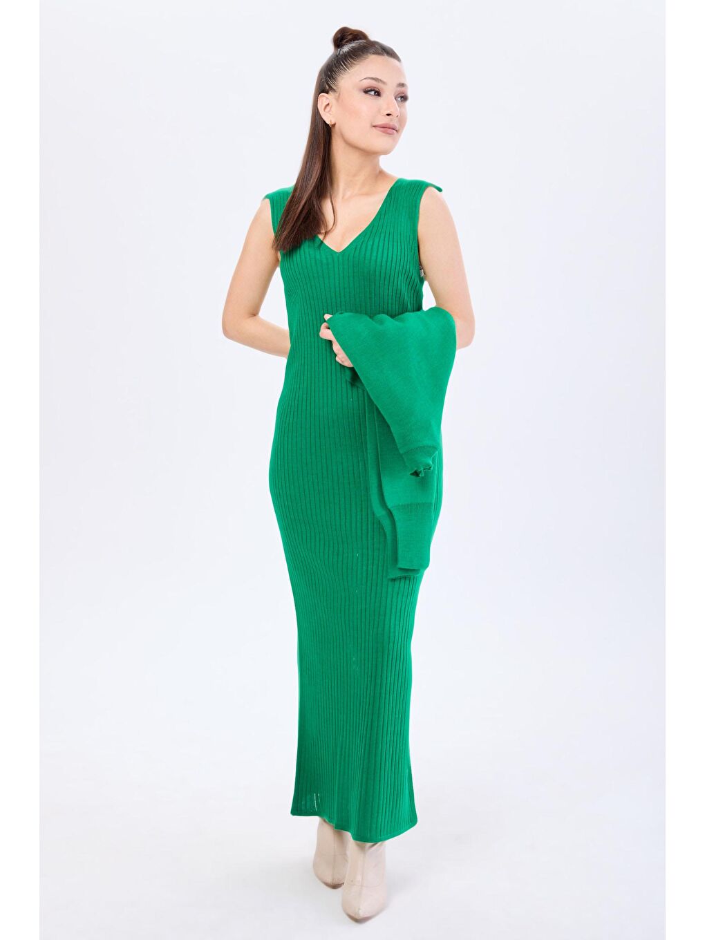 Yarım Balıkçı Yaka Kadın Yeşil Crop+Elbise Takım - 24106-1