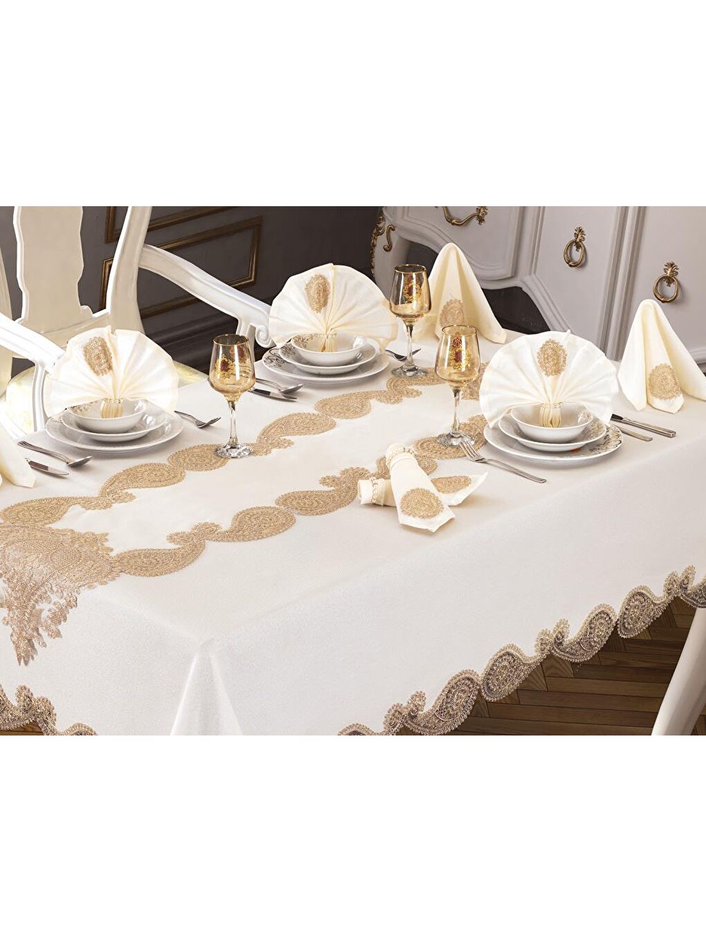 Karışık Verna Masa Örtüsü 160x260 Cm 26 Parça Krem Gold-1