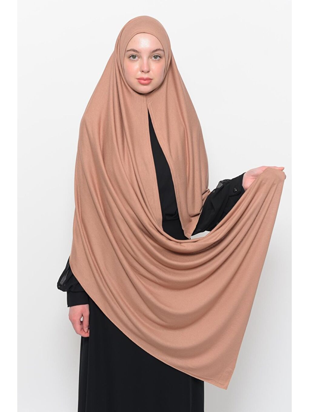 Bej Hazır Pratik Geçmeli Lüks Organik Düz Penye Şal Çapraz Hizalı-1
