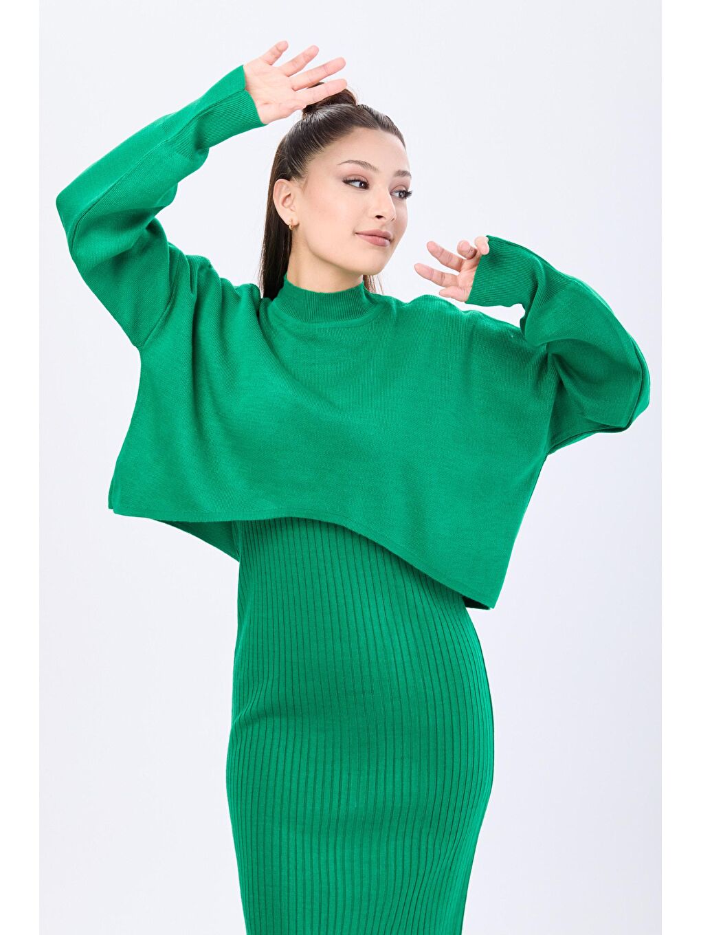 Yarım Balıkçı Yaka Kadın Yeşil Crop+Elbise Takım - 24106-3