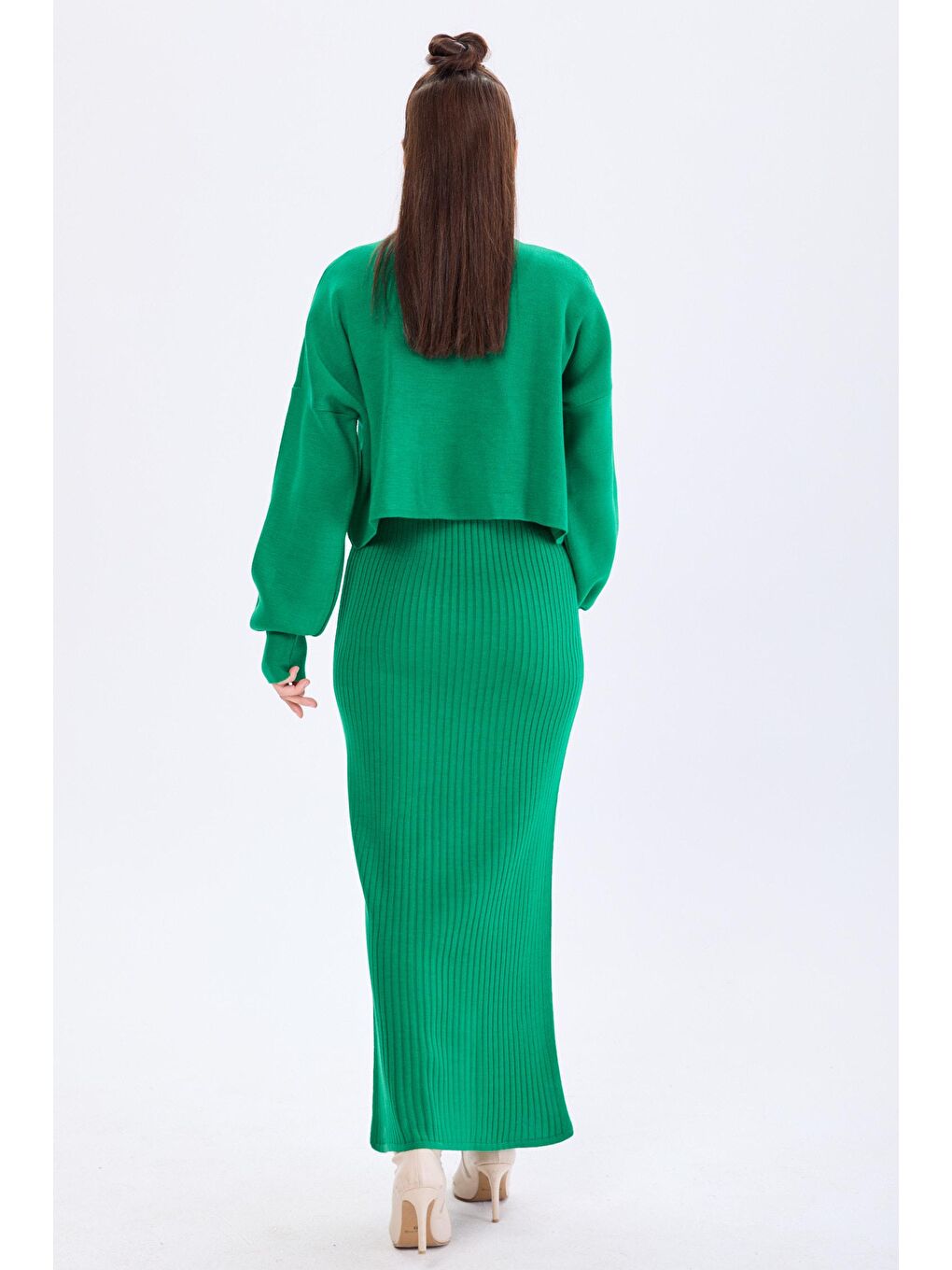 Yarım Balıkçı Yaka Kadın Yeşil Crop+Elbise Takım - 24106-4