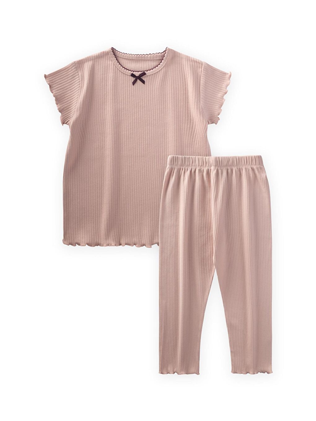Fiyonklu Yakası İşlemeli Pijama Takım 2-10 Yaş Pudra Pembe
