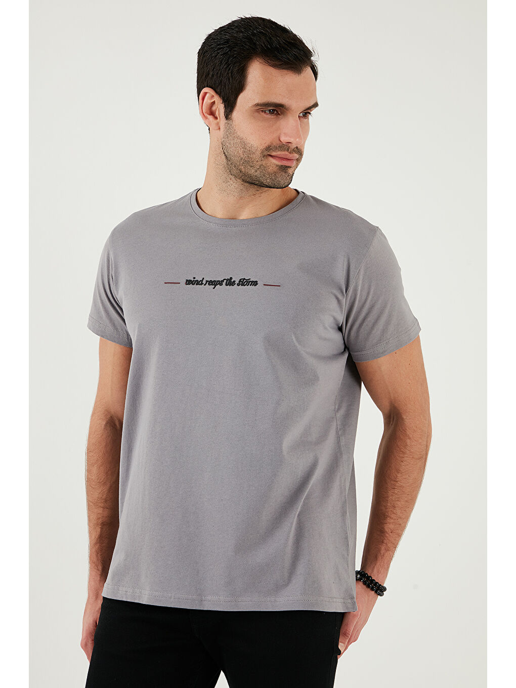 Gri Bisiklet Yaka %100 Pamuk Slim Fit Erkek Tişört 541WIND-3