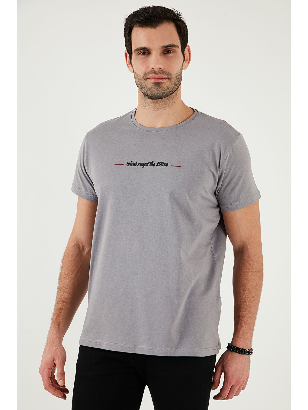 Gri Bisiklet Yaka %100 Pamuk Slim Fit Erkek Tişört 541WIND-4