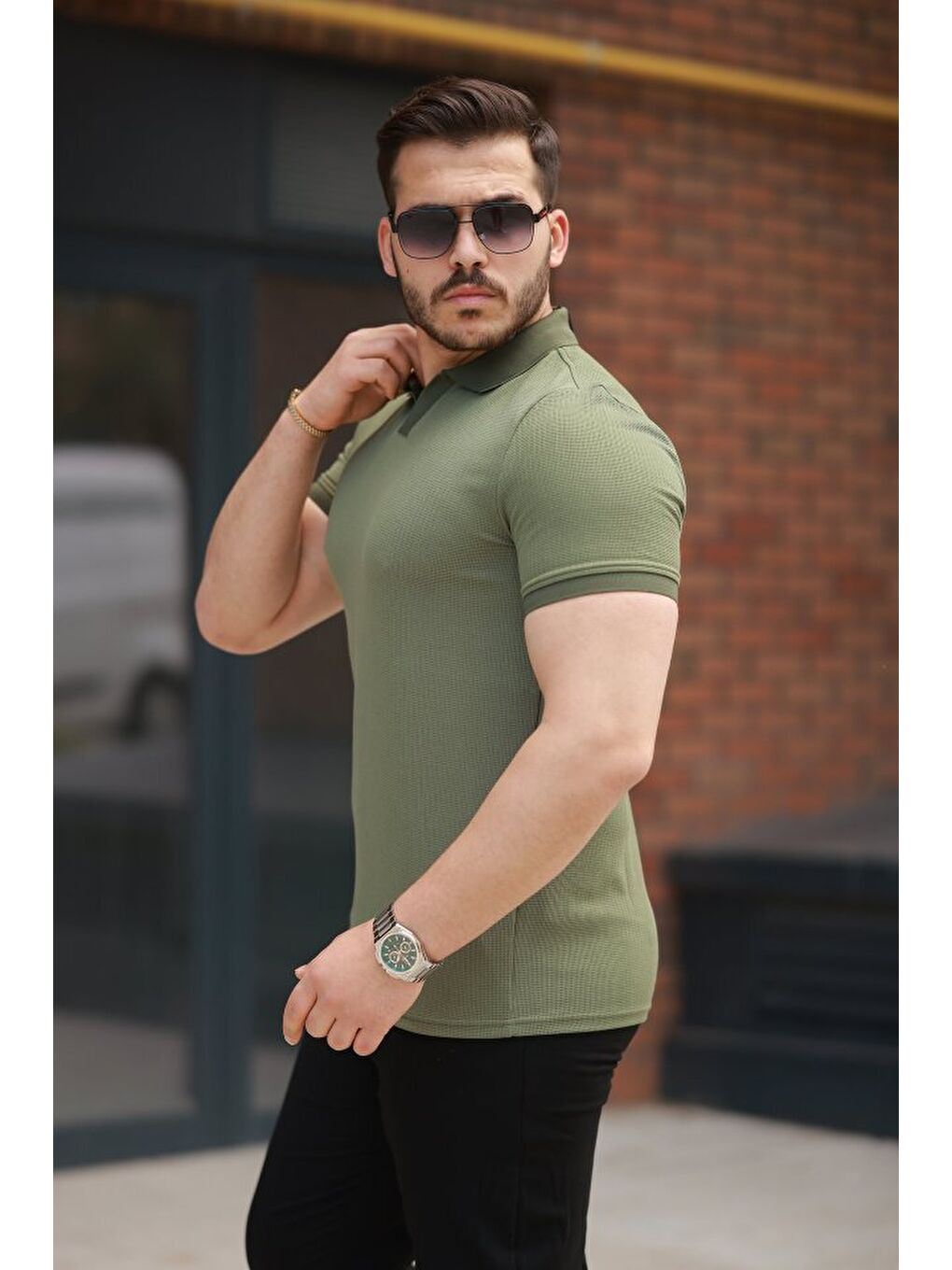 Haki Erkek Yakalı Waffle Dokulu Kısa Kollu Tişört-1