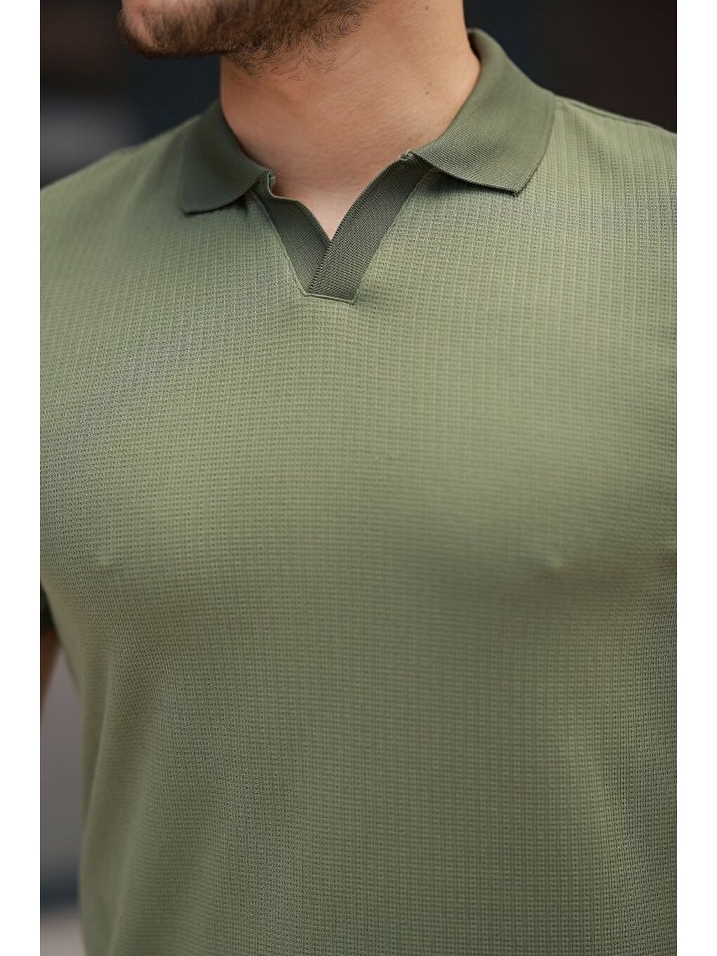 Haki Erkek Yakalı Waffle Dokulu Kısa Kollu Tişört-2