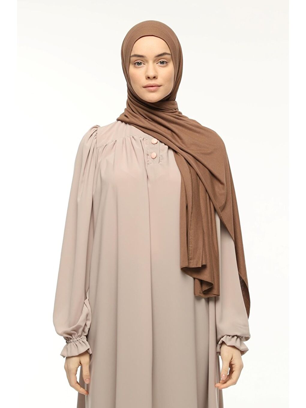 Kahverengi Hazır Pratik Geçmeli Lüks Organik Düz Penye Şal Çapraz Hizalı-1