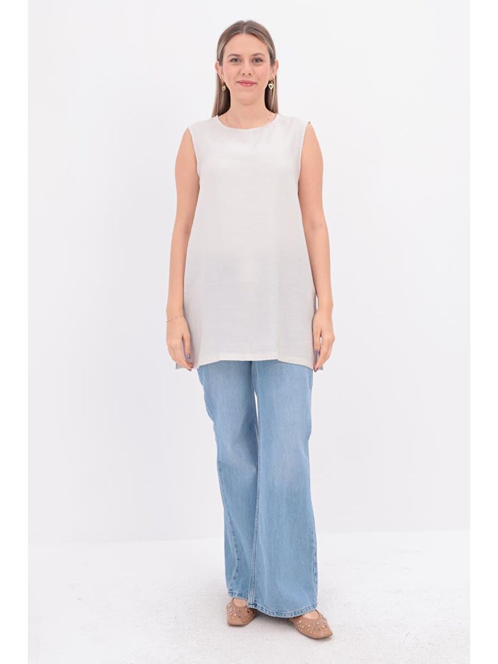 Bej Taş-Basıc Sıfır Kol İçlik Tunik-1