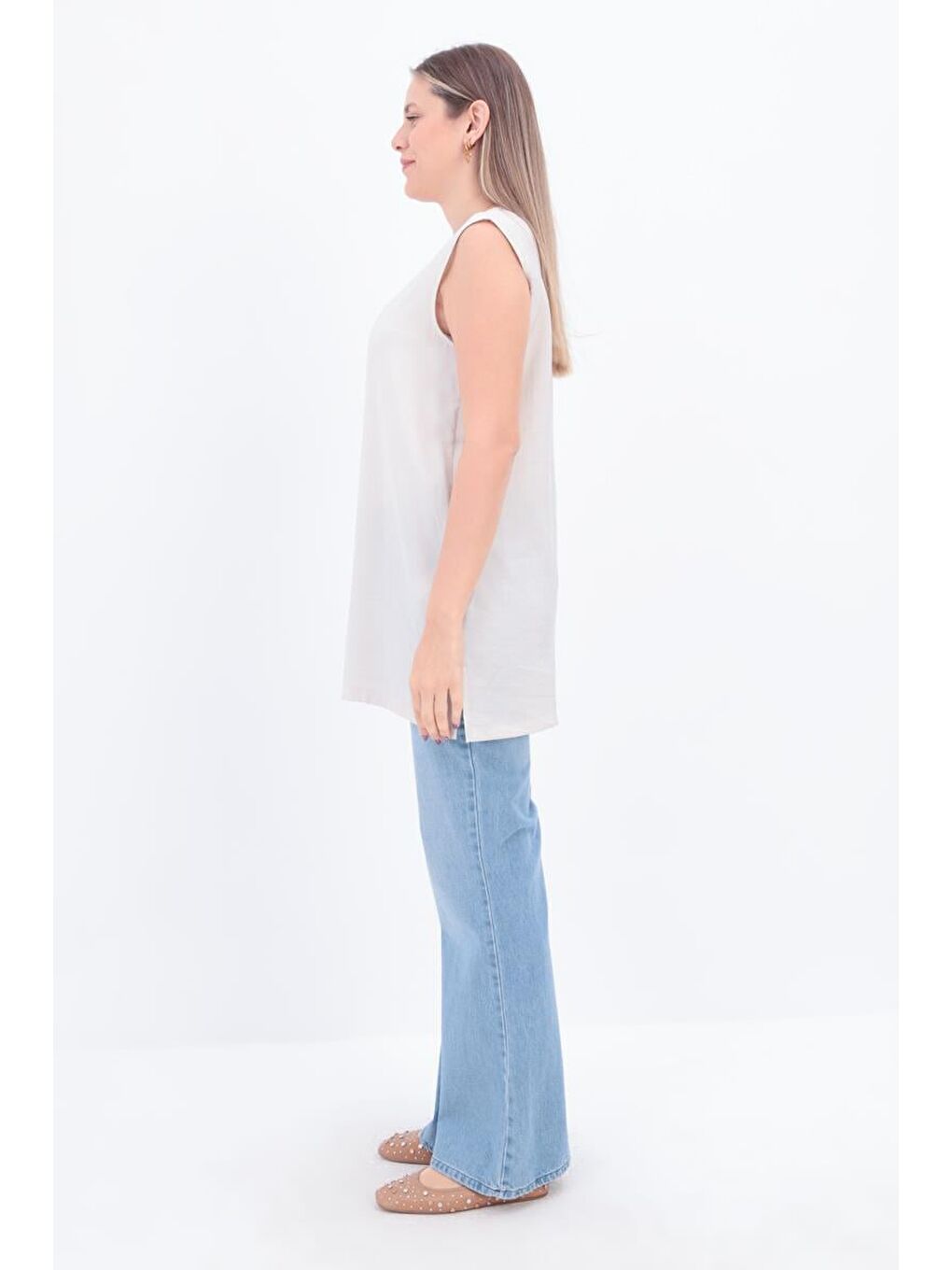 Bej Taş-Basıc Sıfır Kol İçlik Tunik-2