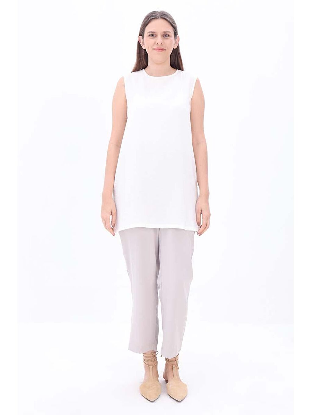 Ekru-Basıc Sıfır Kol İçlik Tunik-1