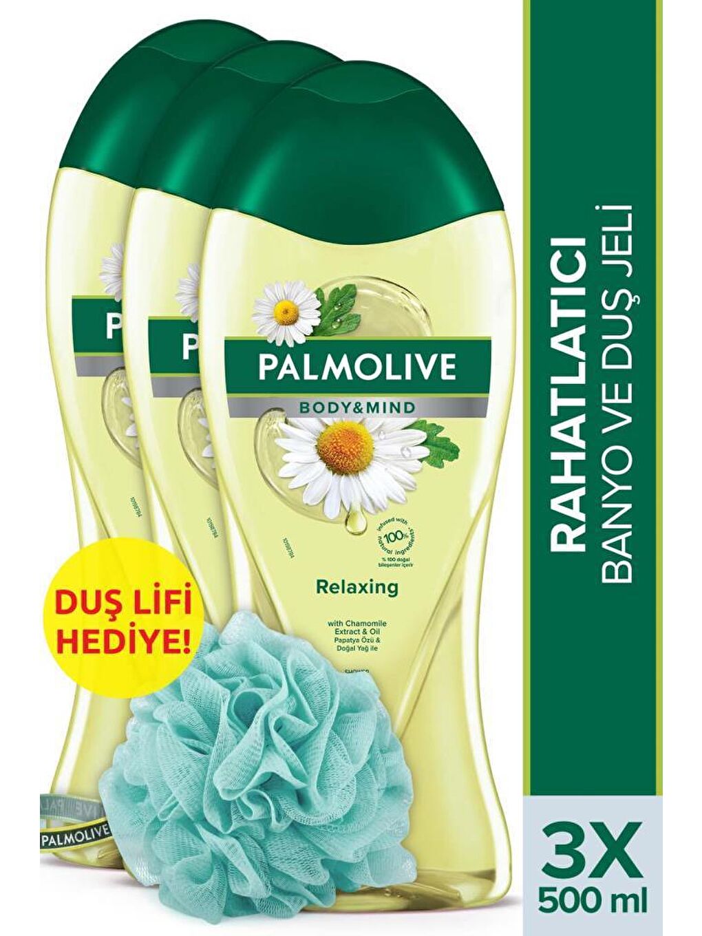 Palmolive Sarı Body & Mind Papatya Özü Rahatlatıcı Banyo ve Duş Jeli 500 ml x 3 Adet + Duş Lifi Hediye