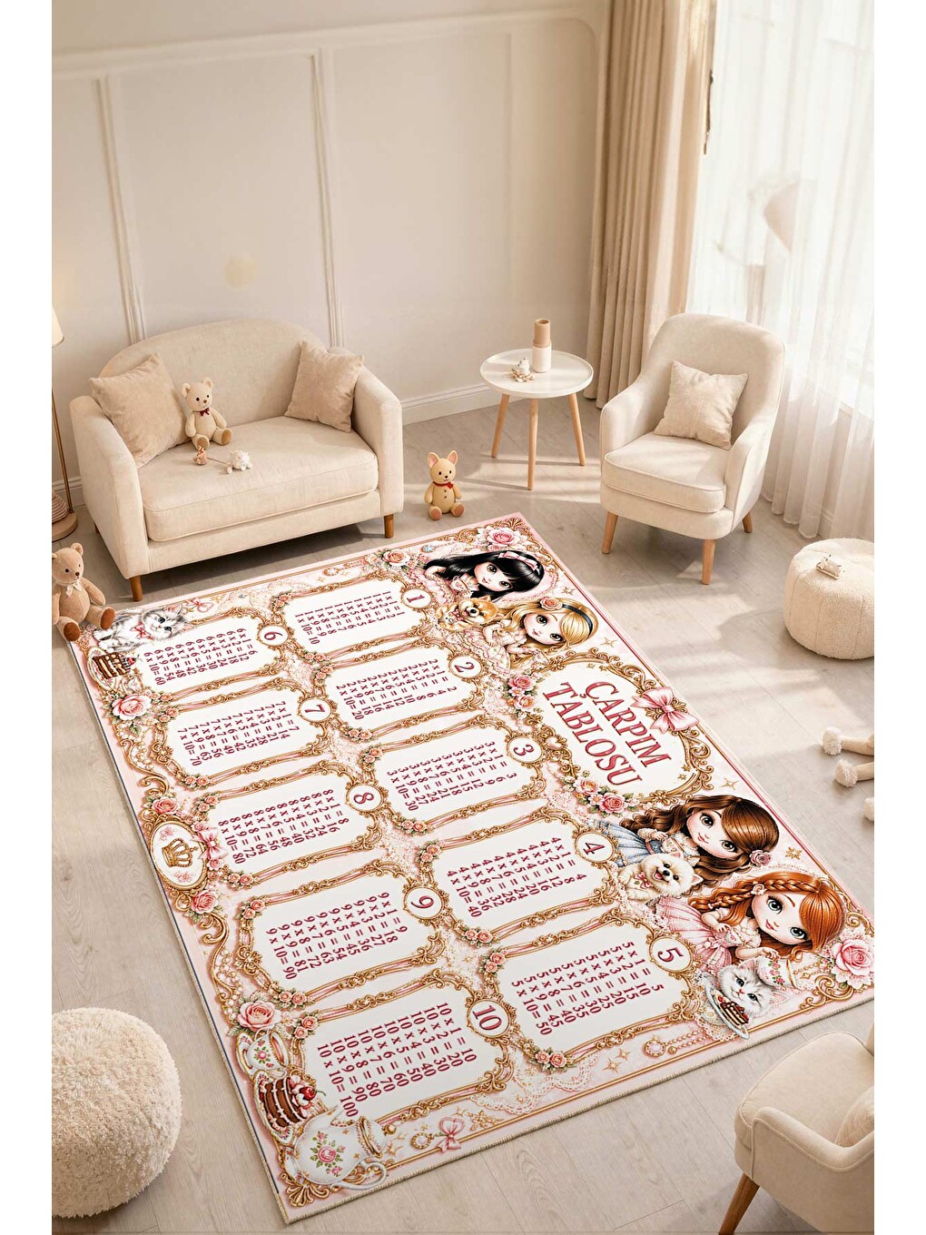 Pembe Modern Çocuk Halısı Kaymaz Tabanlı Makinede Yıkanabilir Çocuk Odası Halısı-1
