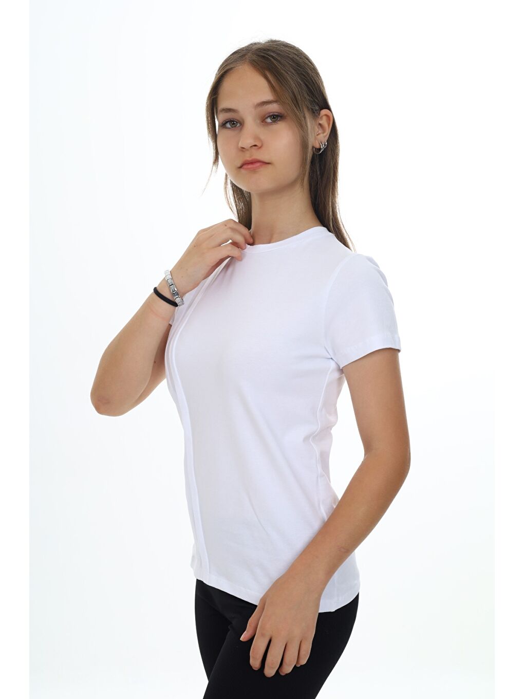 Beyaz Kız Çocuk Bisiklet Yaka Kısa Kollu Pileli Tişört-2