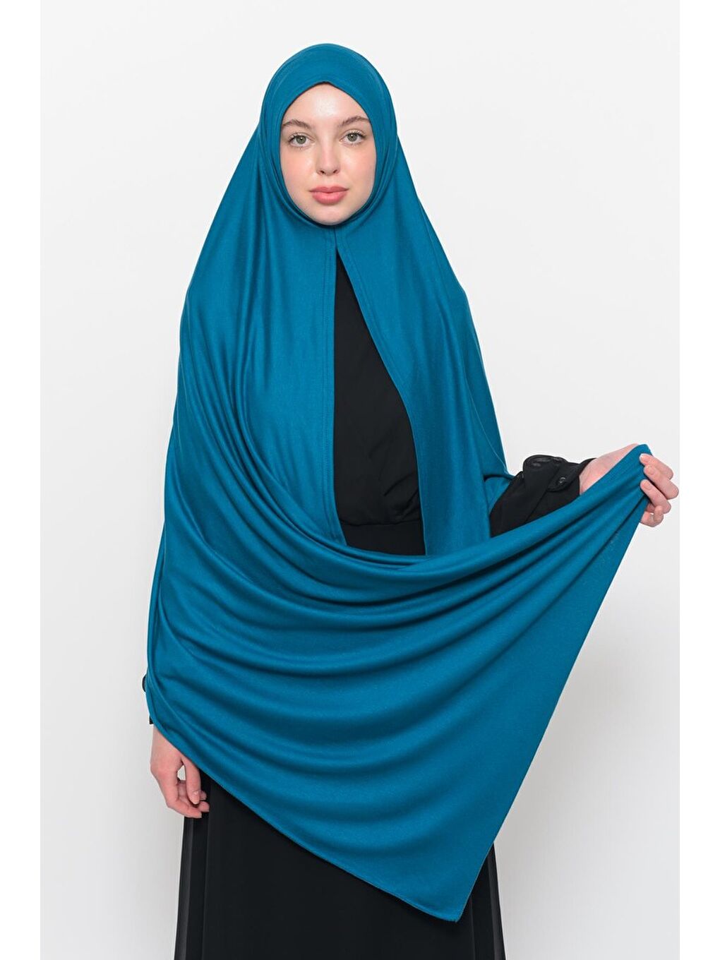 Petrol Hazır Pratik Geçmeli Lüks Organik Düz Penye Şal Çapraz Hizalı-1