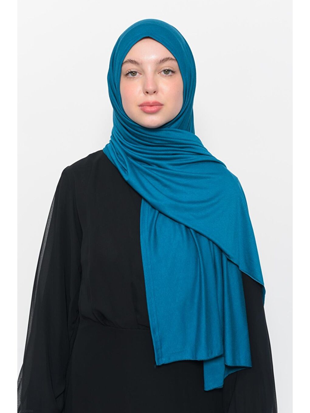 Petrol Hazır Pratik Geçmeli Lüks Organik Düz Penye Şal Çapraz Hizalı-4