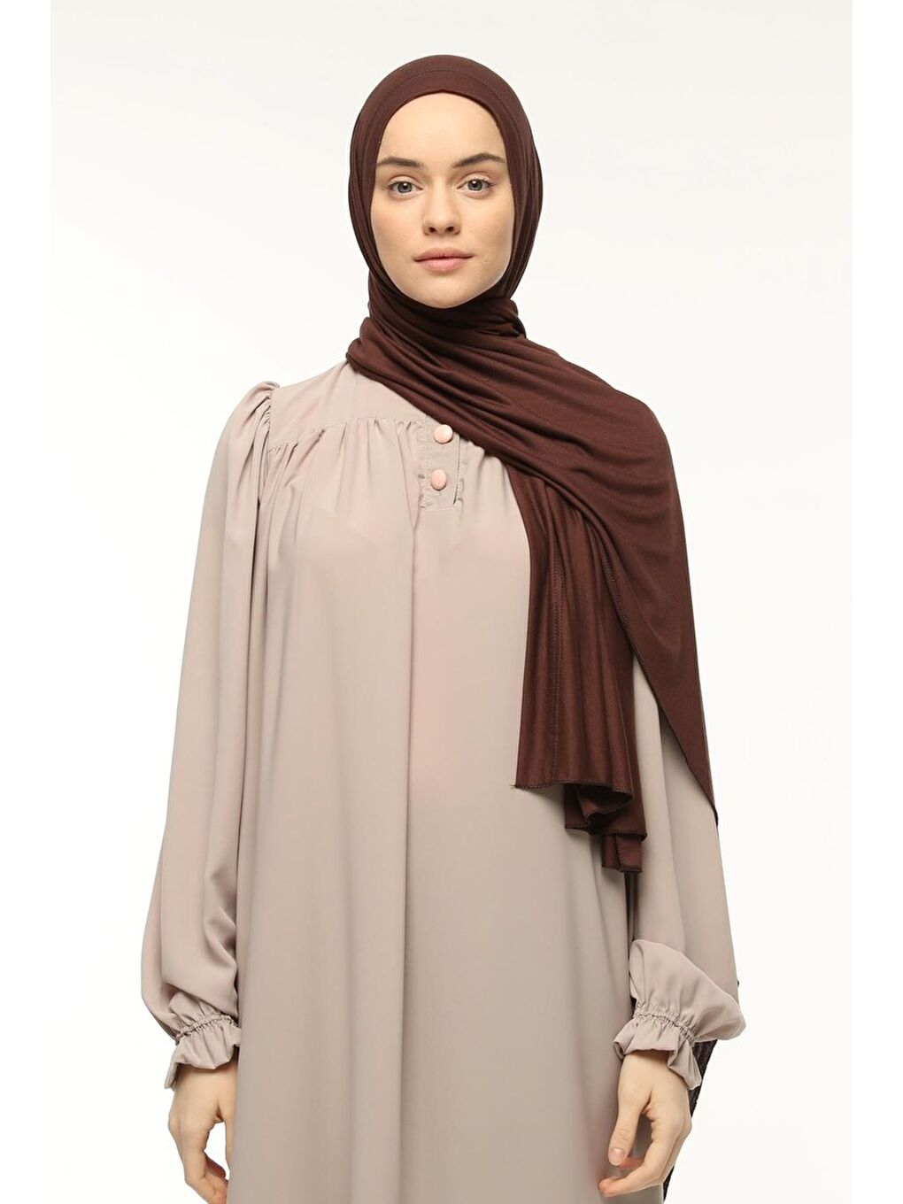 Kahverengi Hazır Pratik Geçmeli Lüks Organik Düz Penye Şal Çapraz Hizalı-3