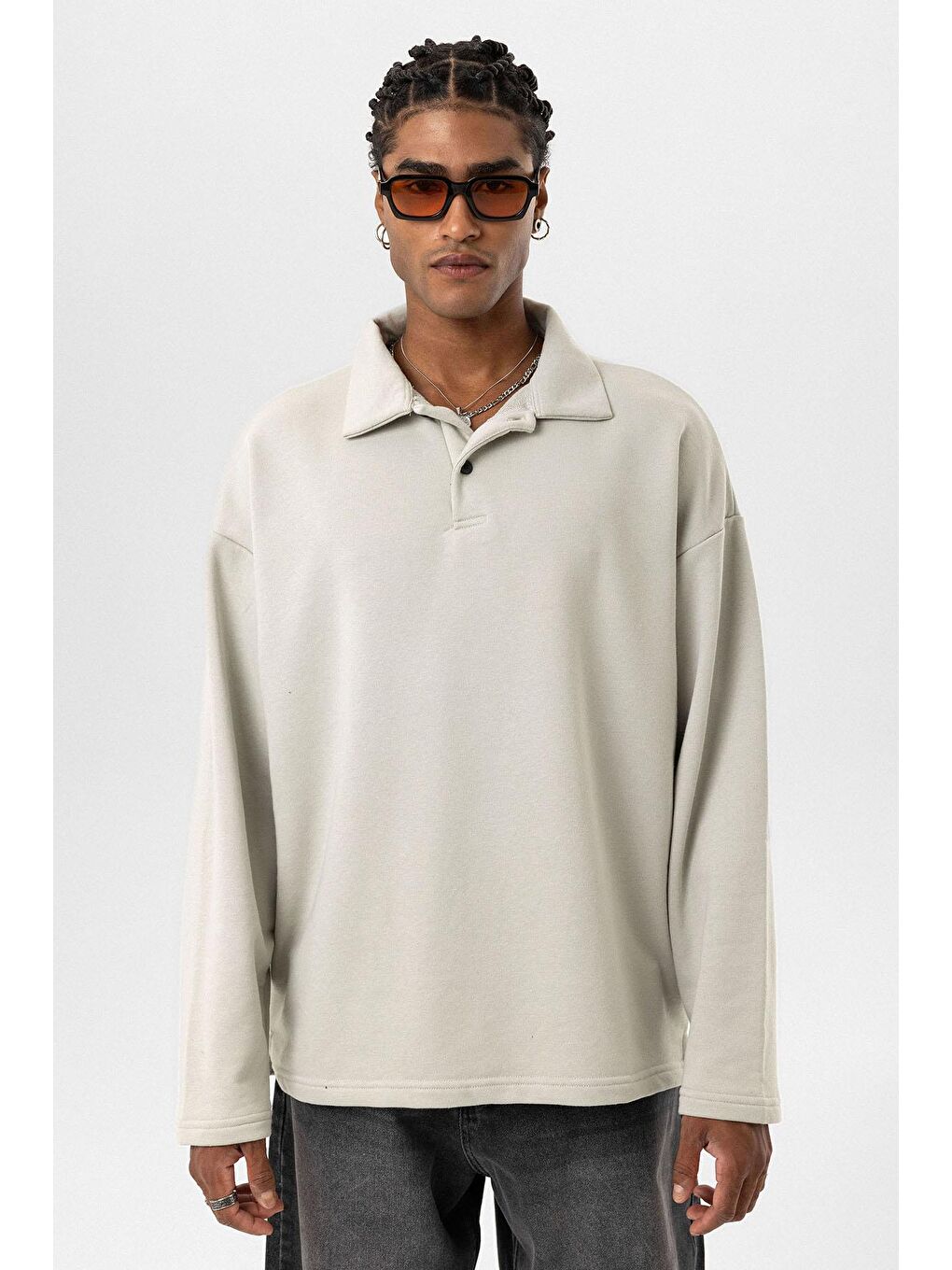 Basıc Polo Yaka Sweatshirt Buz Grisi-2