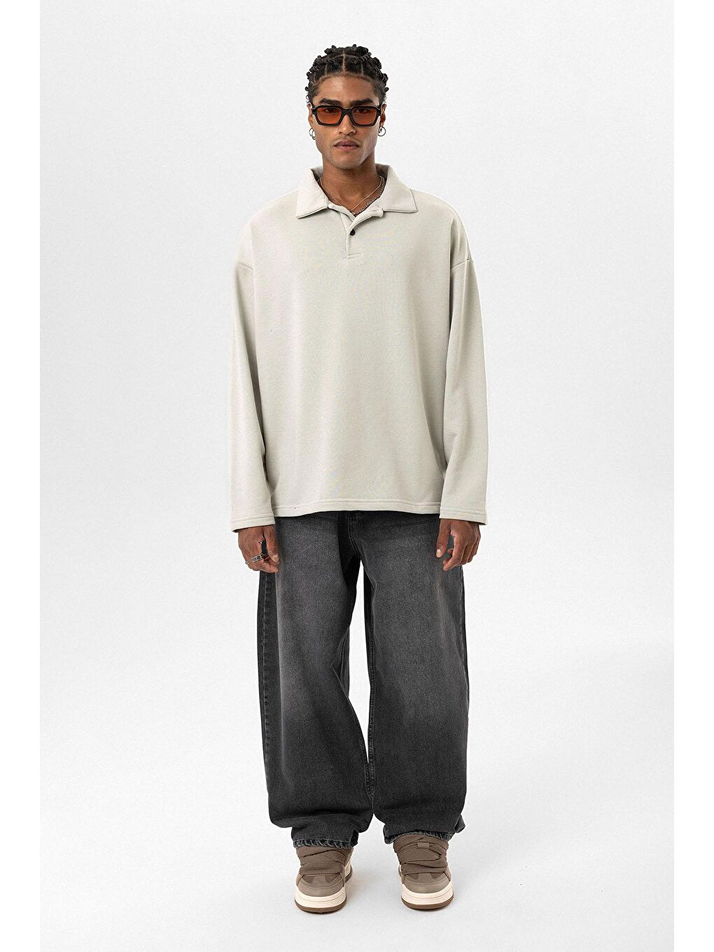 Basıc Polo Yaka Sweatshirt Buz Grisi-3