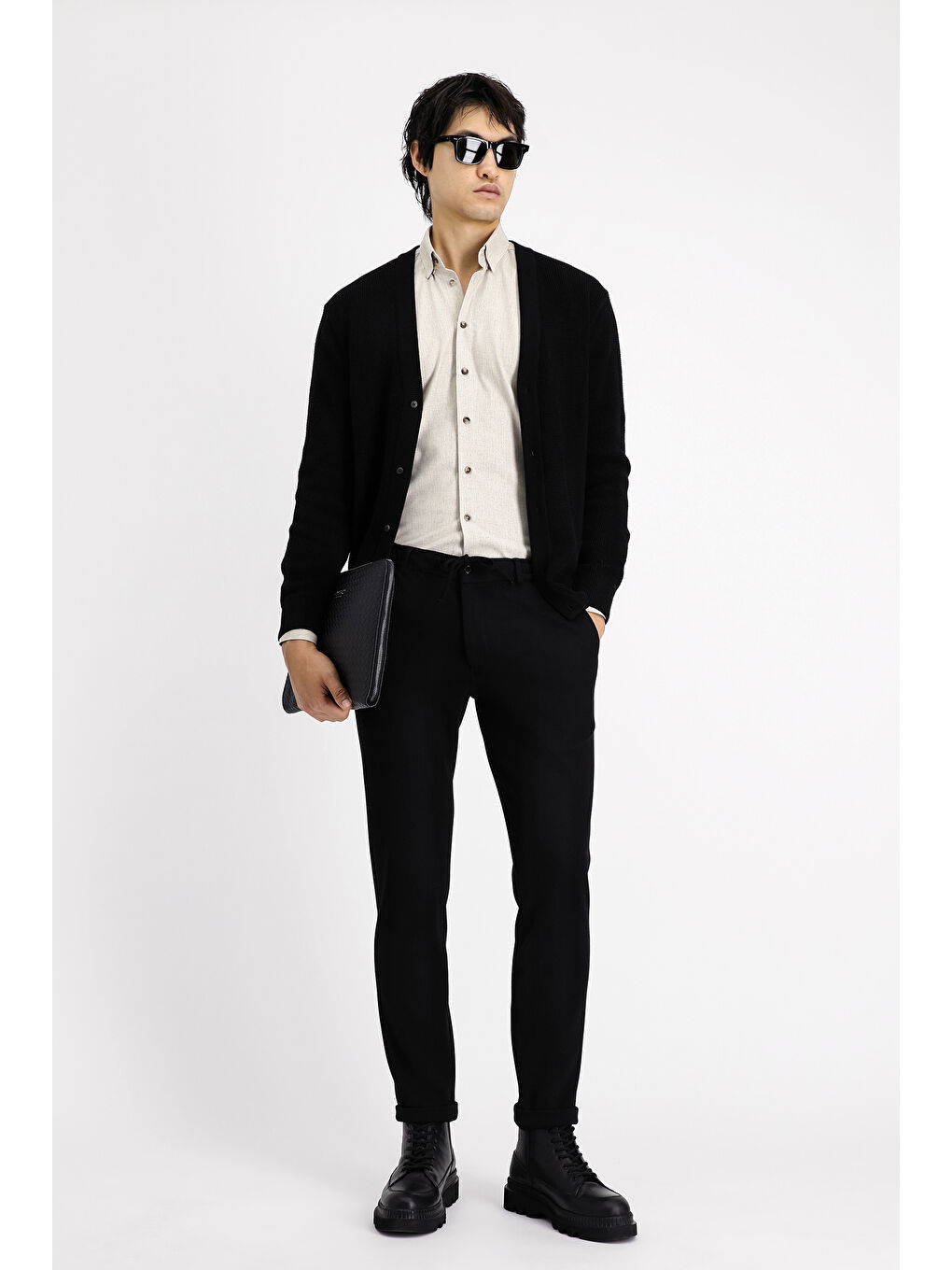 Siyah Slim Fit Dar Kesim Beli Lastikli İpli Elastanlı Klasik Kumaş Pantolon