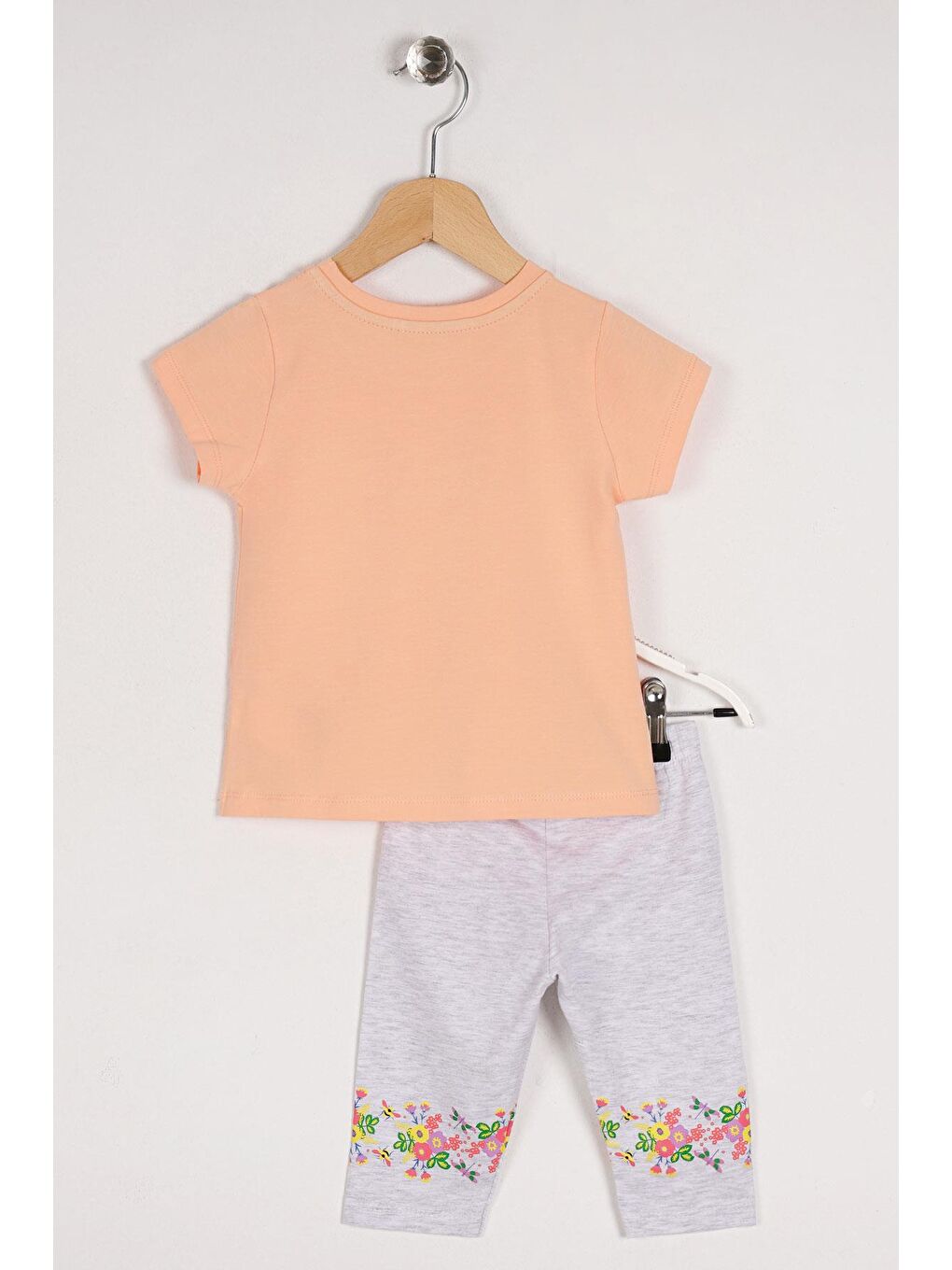 Pembe Bisiklet Yaka Yarım Kol Çiçek Baskılı Şeftali Karamela Renk Kız Çocuk Taytlı Takım-1
