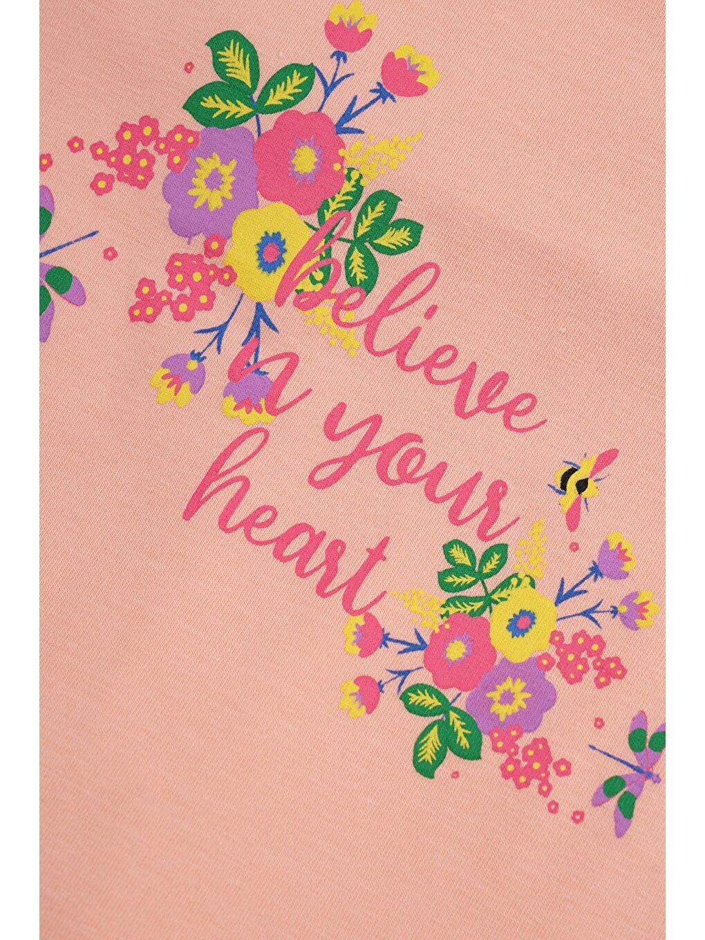 Pembe Bisiklet Yaka Yarım Kol Çiçek Baskılı Şeftali Karamela Renk Kız Çocuk Taytlı Takım-2