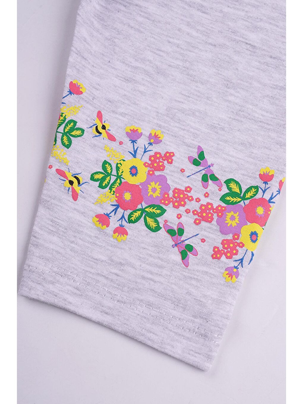 Pembe Bisiklet Yaka Yarım Kol Çiçek Baskılı Şeftali Karamela Renk Kız Çocuk Taytlı Takım-3