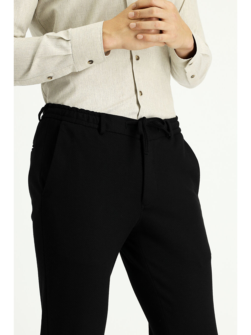 Siyah Slim Fit Dar Kesim Beli Lastikli İpli Elastanlı Klasik Kumaş Pantolon-2