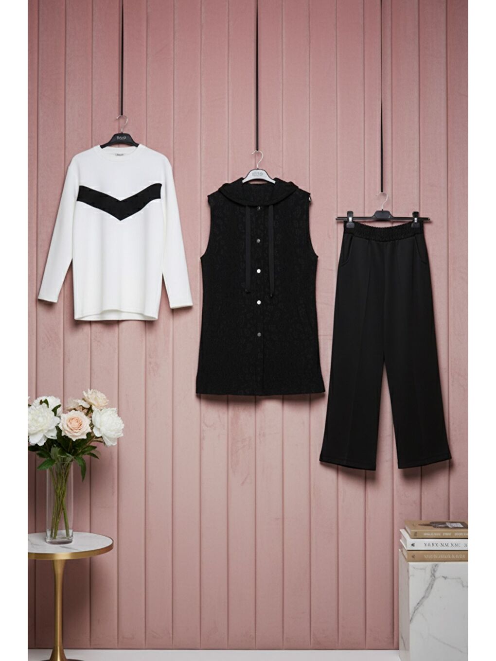 Siyah Kapüşonlu Yelek Tunik Pantolon Tesettür Üç Lü Takım-6