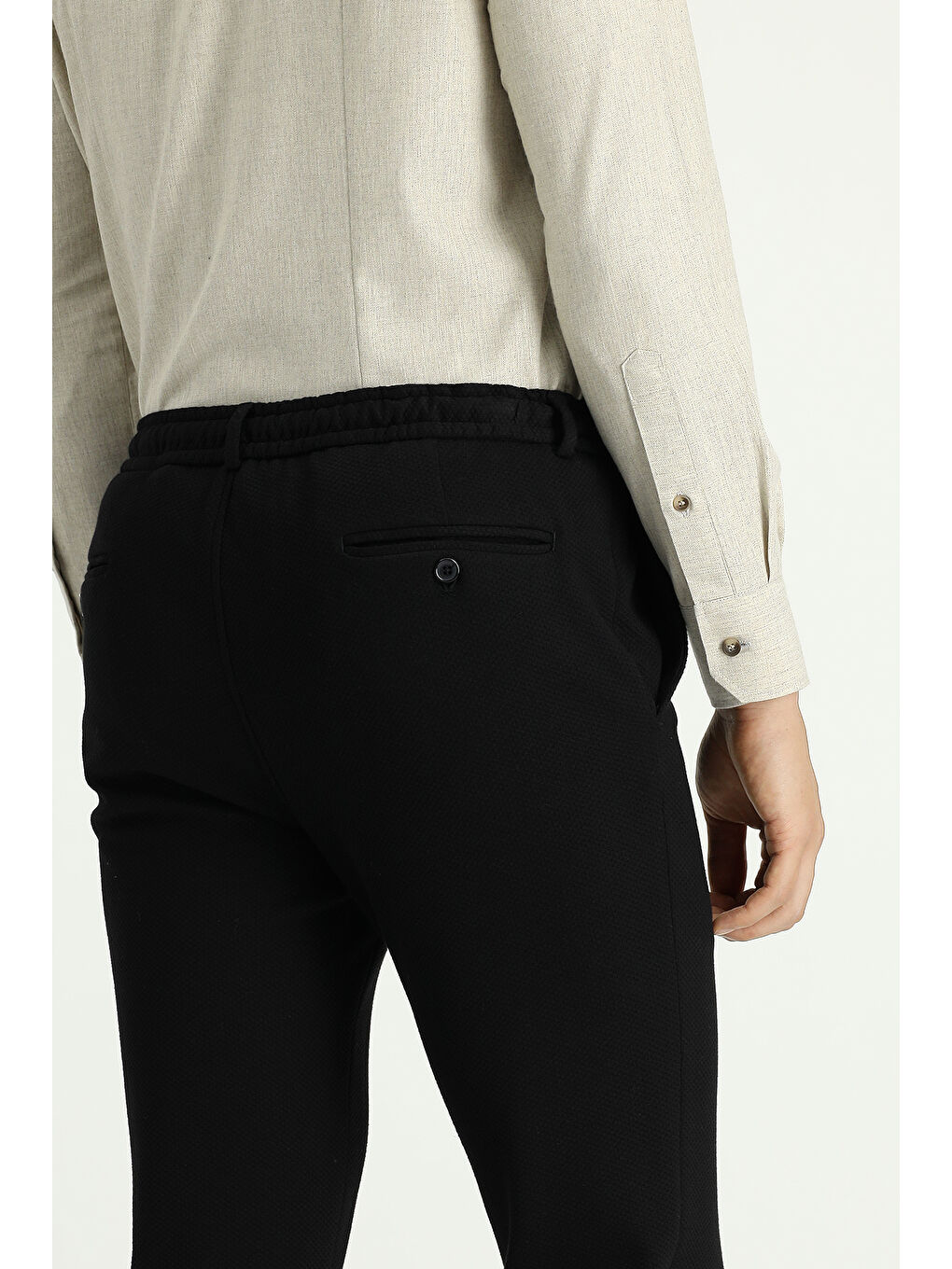 Siyah Slim Fit Dar Kesim Beli Lastikli İpli Elastanlı Klasik Kumaş Pantolon-4