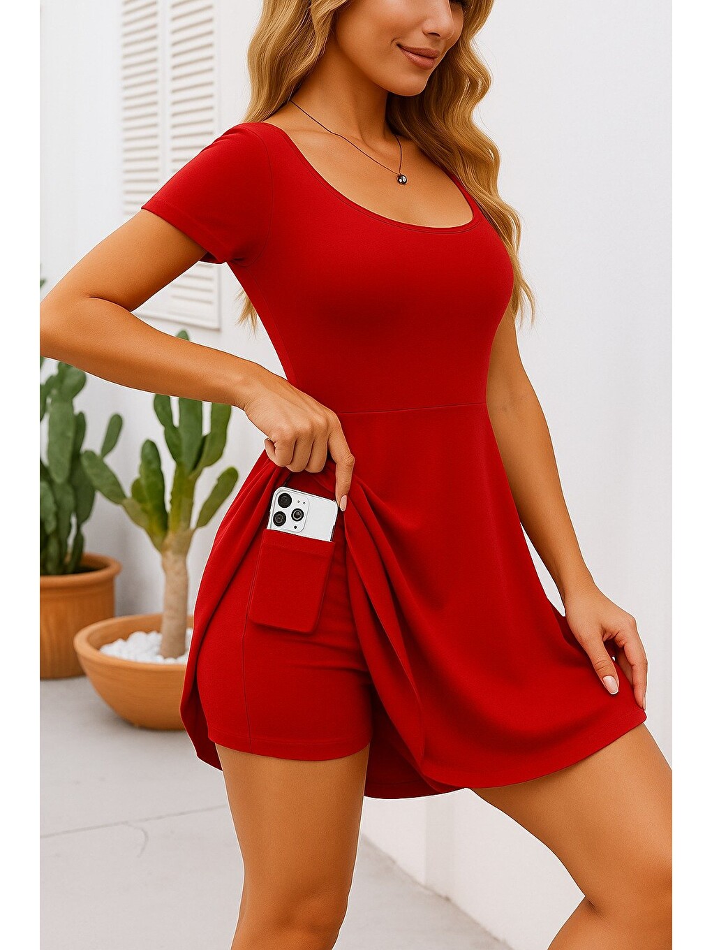 Kırmızı Kadın Kısa Kollu Kare Yaka Short Detaylı Cepli Dalgıç Elbise