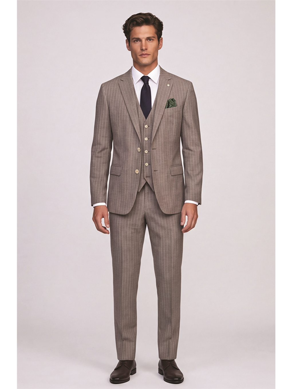 Kahverengi Giotelli Erkek Kahve Dar Kesim Slim Fit Viskon Çizgili Mono Yaka 8 Drop Yelekli Takım Elbise-1