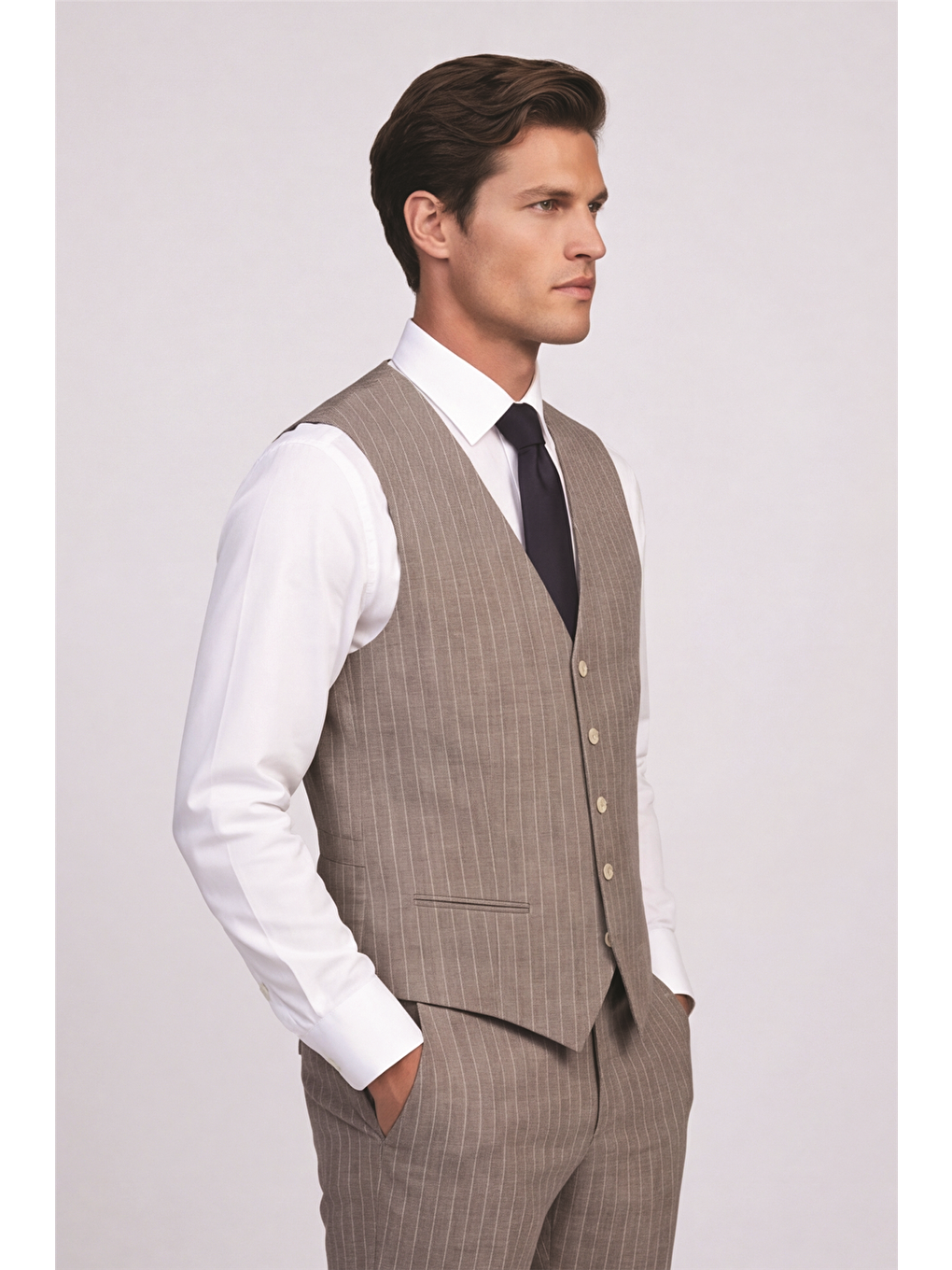 Kahverengi Giotelli Erkek Kahve Dar Kesim Slim Fit Viskon Çizgili Mono Yaka 8 Drop Yelekli Takım Elbise-2