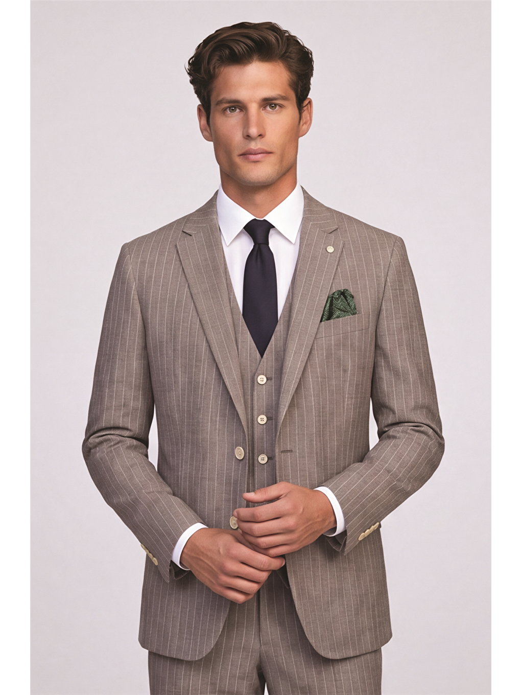 Kahverengi Giotelli Erkek Kahve Dar Kesim Slim Fit Viskon Çizgili Mono Yaka 8 Drop Yelekli Takım Elbise-3