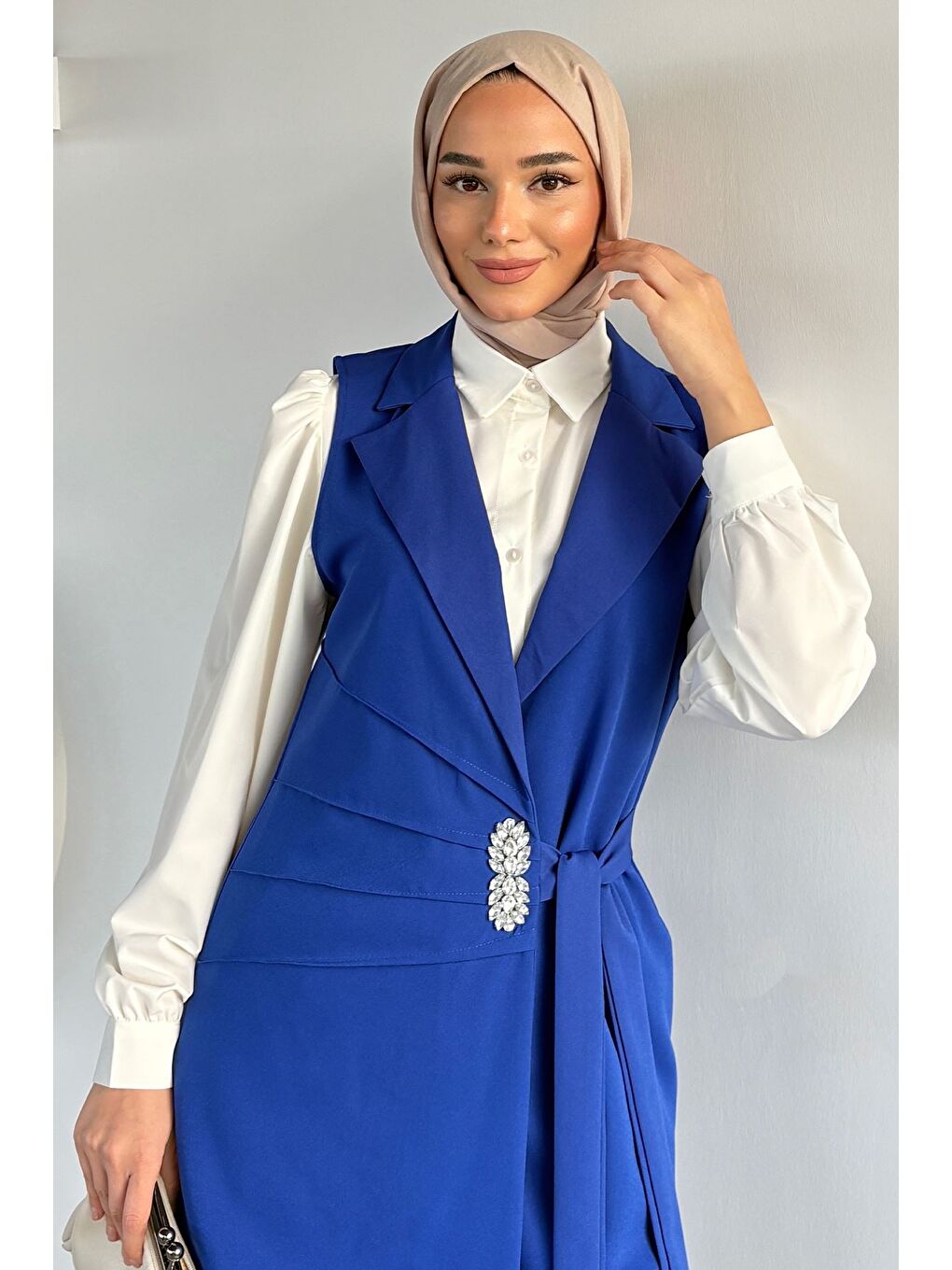 Mavi Yan Bağlamalı Yelek Gömlek Pantolon Tesettür Üçlü Takım-3