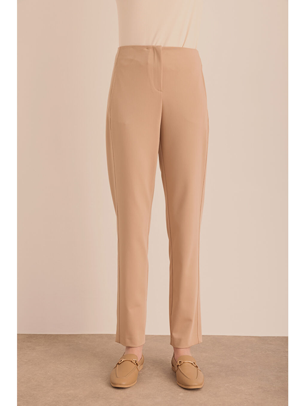 Bej Yüksek Bel Dar Form Pantolon-1