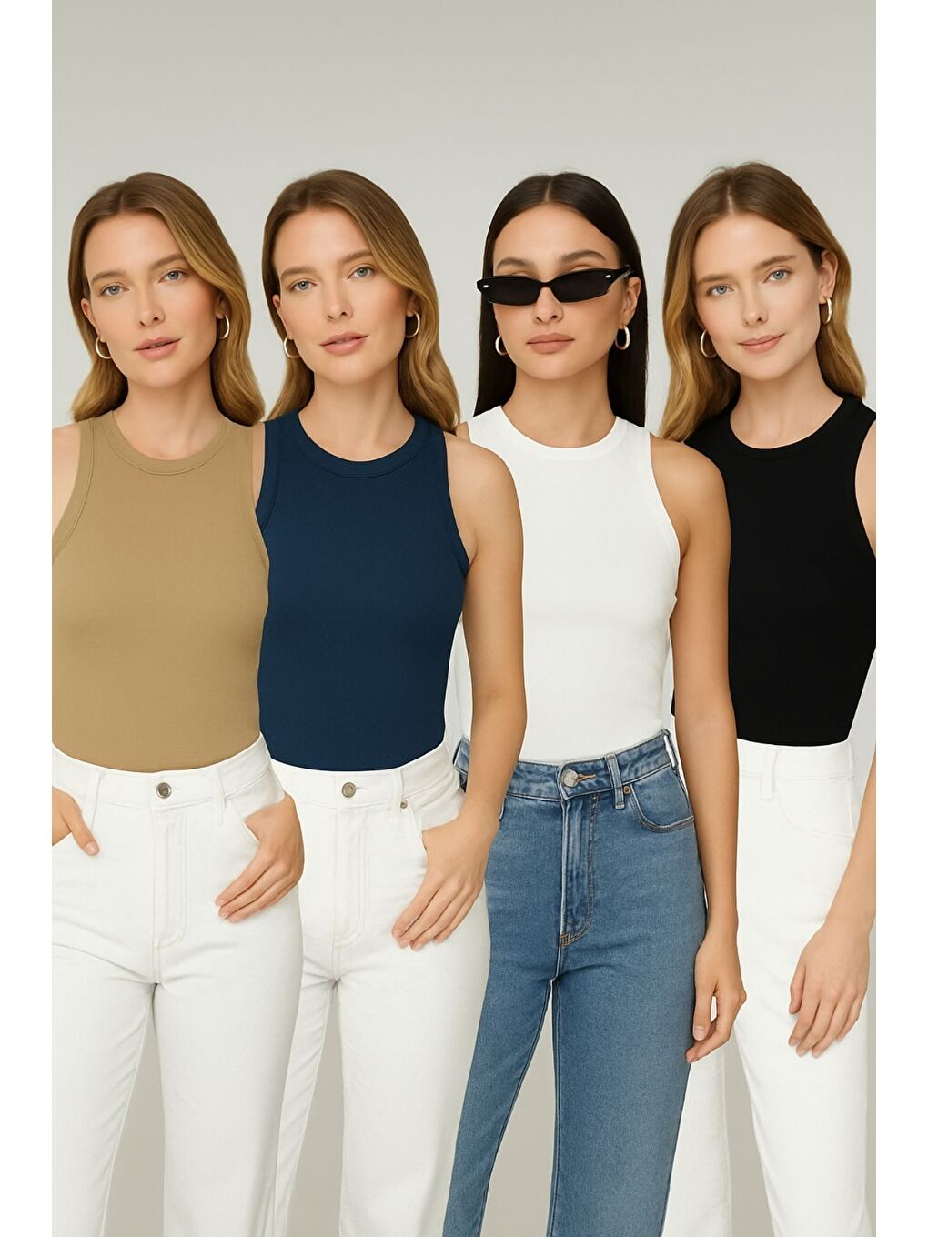 Karışık Kadın Vizon Laci Siyah Beyaz Bisiklet Yaka Sıfır Kol Body Atlet 4lü Set