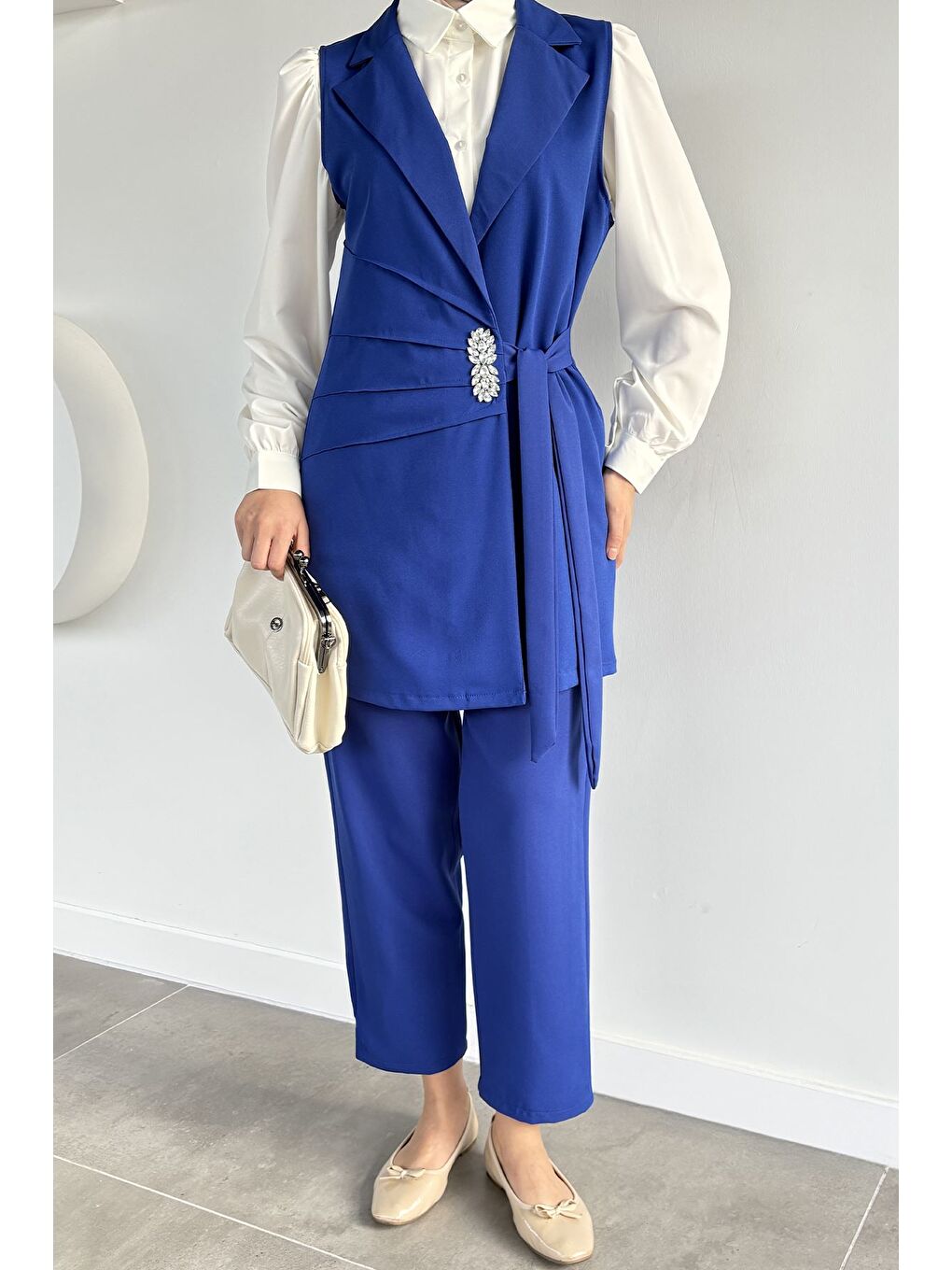 Mavi Yan Bağlamalı Yelek Gömlek Pantolon Tesettür Üçlü Takım-5