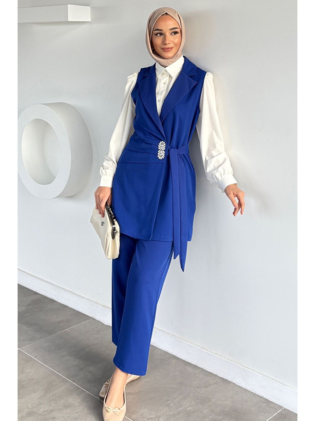 Mavi Yan Bağlamalı Yelek Gömlek Pantolon Tesettür Üçlü Takım-6