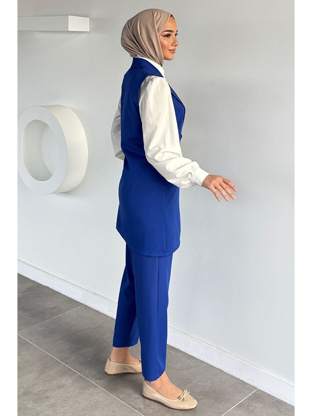Mavi Yan Bağlamalı Yelek Gömlek Pantolon Tesettür Üçlü Takım-9