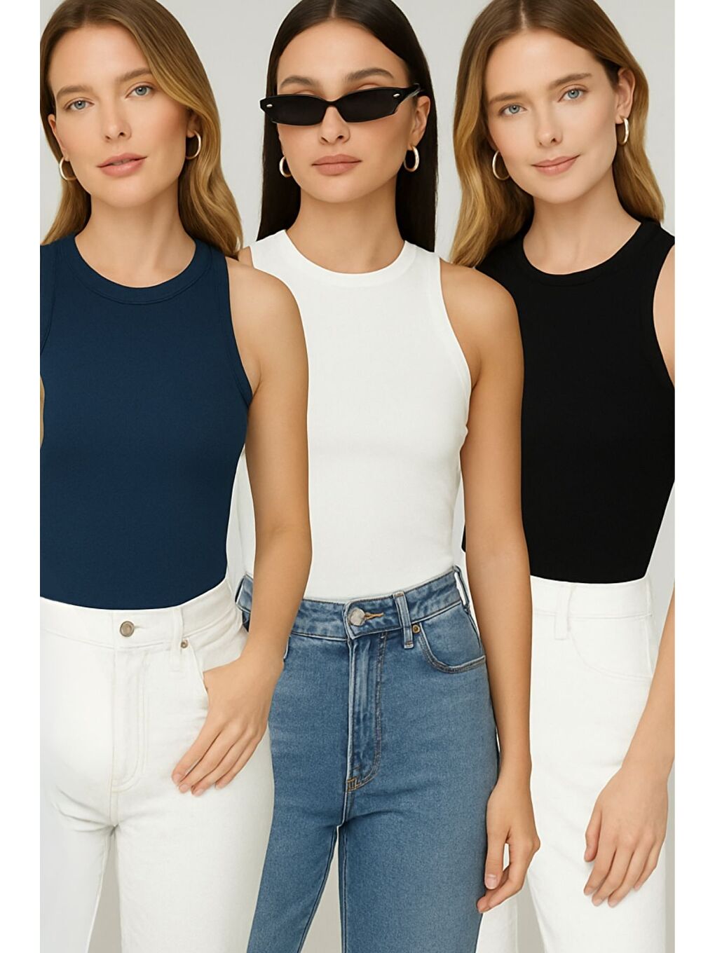 Lacivert Kadın Laci Siyah Beyaz Bisiklet Yaka Sıfır Kol Body Atlet 3lü Set