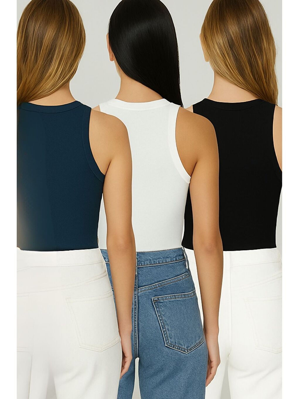 Lacivert Kadın Laci Siyah Beyaz Bisiklet Yaka Sıfır Kol Body Atlet 3lü Set-1