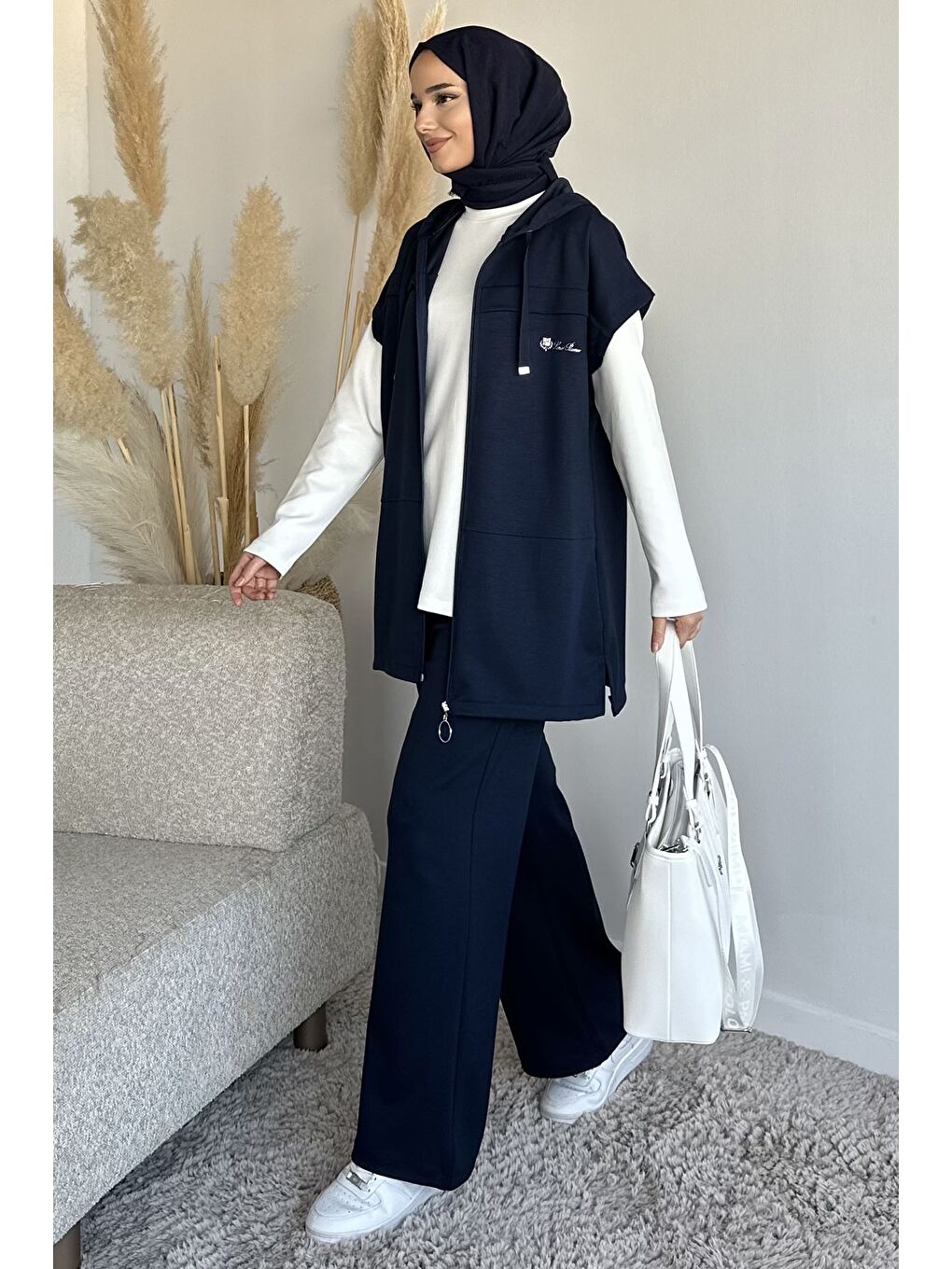 Lacivert Fermuarlı Kapüşonlu Yelek Tunik Pantolon Tesettür Üçlü Takım-3