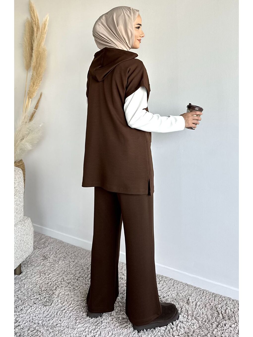 Kahverengi Fermuarlı Kapüşonlu Yelek Tunik Pantolon Tesettür Üçlü Takım-4